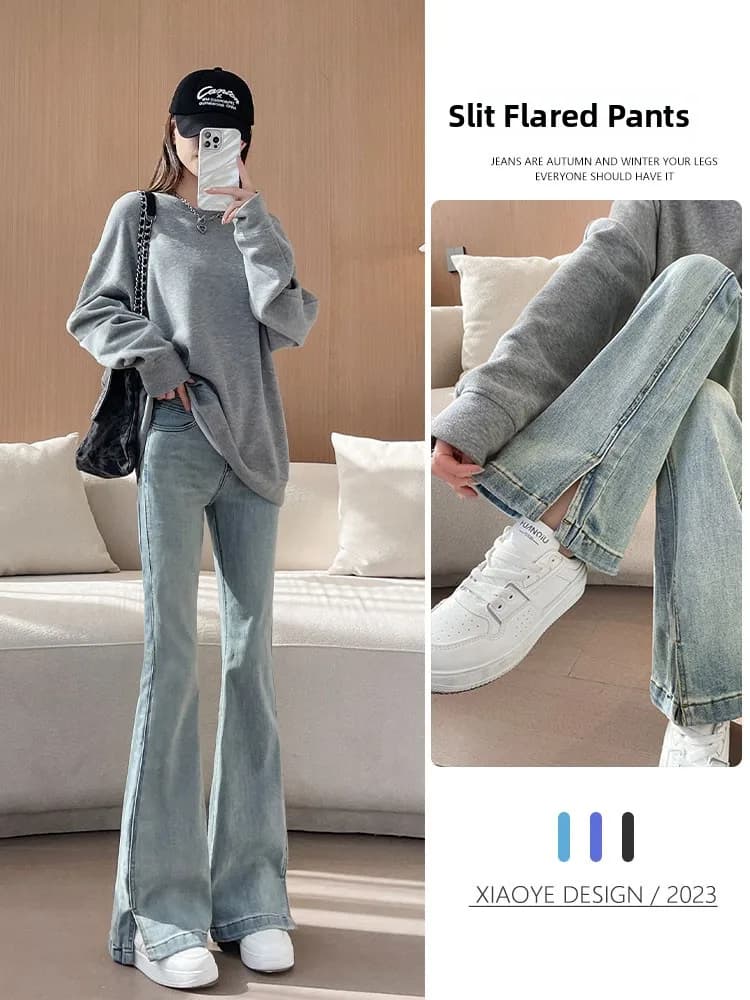 Jeans a Zampa d'Elefante a Vita Alta da Donna, Stile Casual, in Misto Cotone Poliestere, Resistenti alle Pieghe