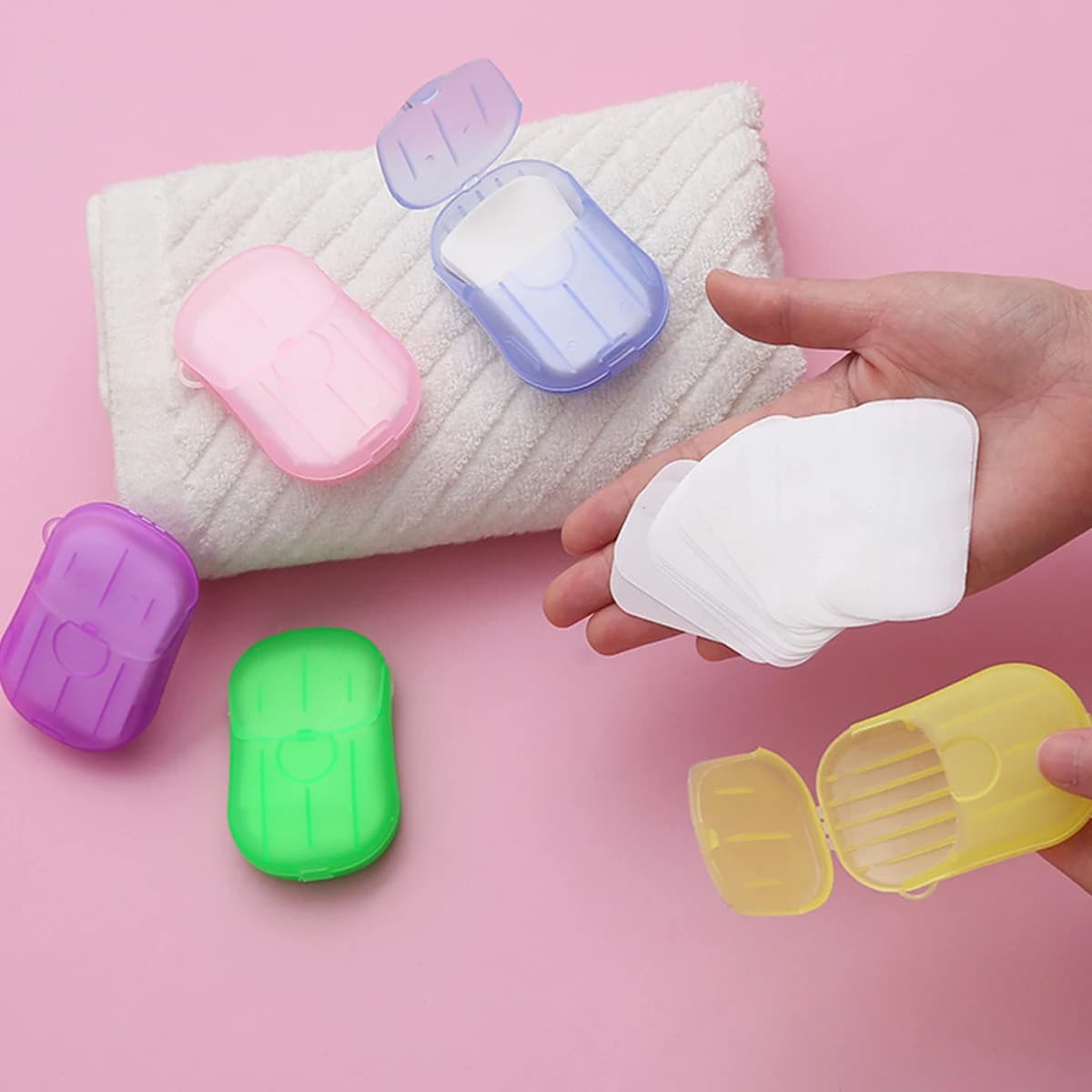 Mini scatola portatile per sapone da viaggio con compresse di sapone di carta usa e getta Dispenser di sapone per le mani in plastica per escursioni all'aperto