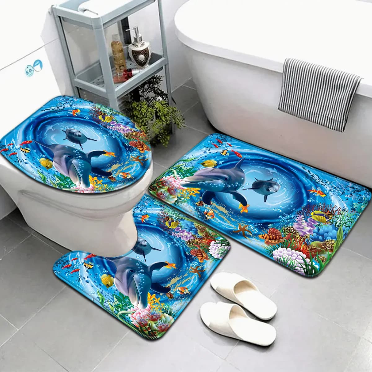 Set da bagno Underwater World Whirlpool Dolphin: cuscinetto sagomato antiscivolo, coperchio WC e tappetino da bagno, adatto per l'arredamento della casa costiero