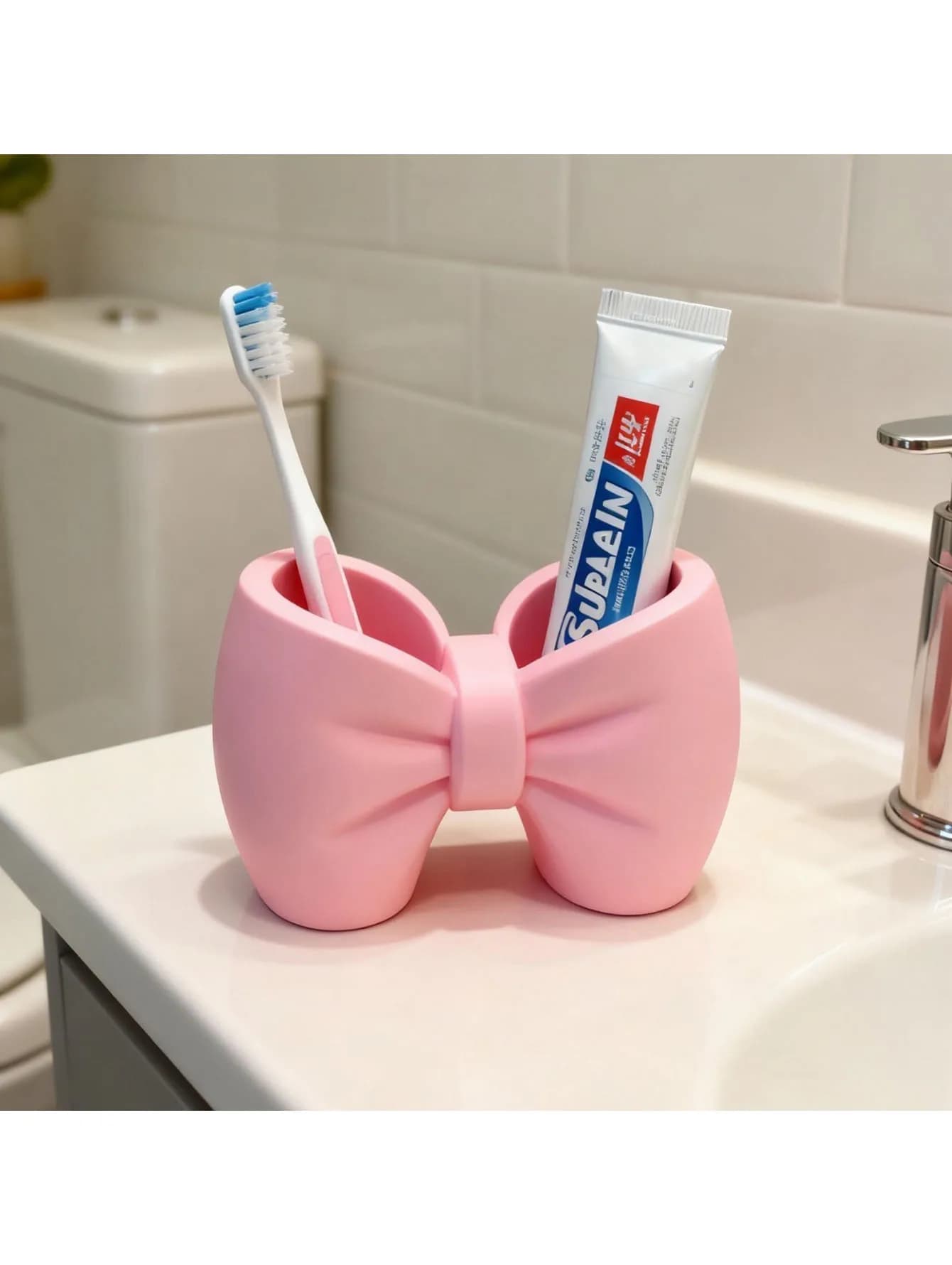 Grazioso porta spazzolino da denti in plastica con fiocco, multifunzionale come portapenne, non richiede installazione per la decorazione di bagno e camera da letto.