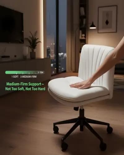 Sedia da ufficio girevole senza braccioli in pelle PU beige chiaro con rotelle, cuscino medio-rigido per casa, camera da letto, scrivania trucco, compatta