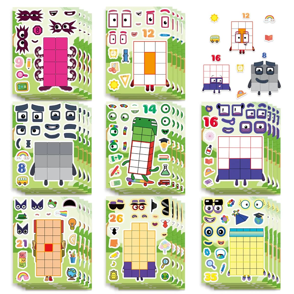 Confezione da 8 Adesivi Cartoon Number Block Make A Face per Quaderni, Cancelleria, Valigie, Frigoriferi, Decorazioni Fai-da-Te Impermeabili