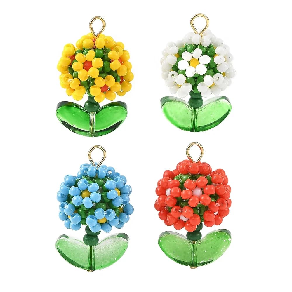 8pcs Handmade Beaded Flower Pendants Glass Seed Beads Floral Charms w/ Leaf for DIY Earrings Necklace Jewelry Making Accessories