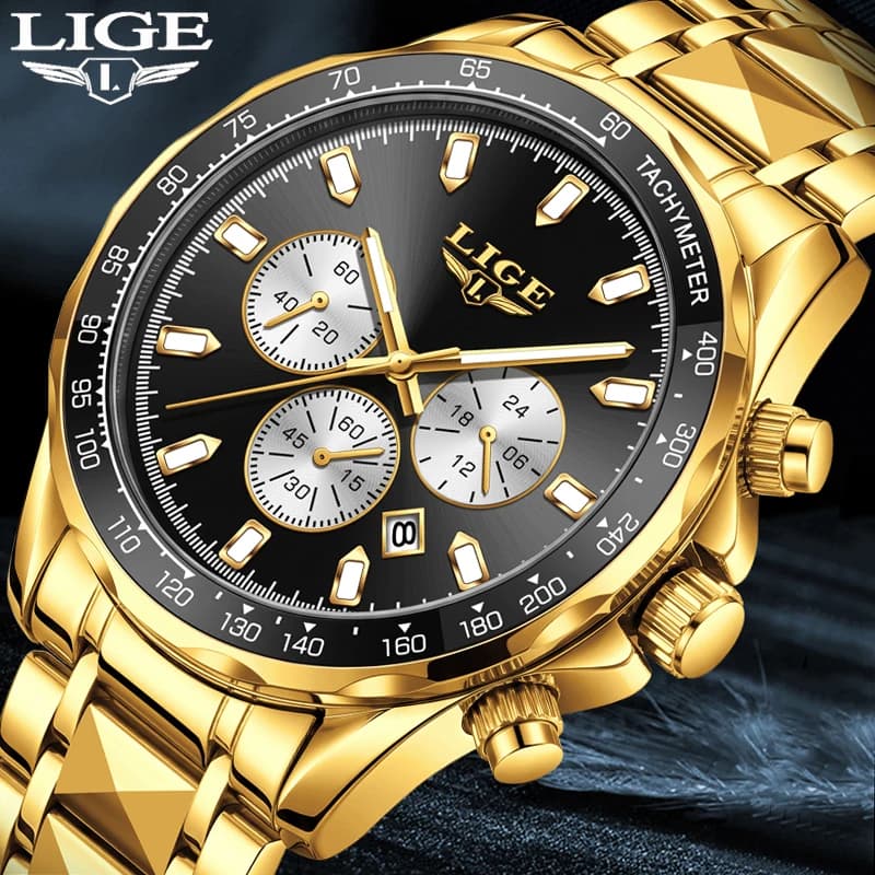 LIGE Nuovo Orologio da Polso Sportivo alla Moda con Quadrante Luminoso, Cronografo in Acciaio Dorato Impermeabile per Uomo, Relogio Masculino
