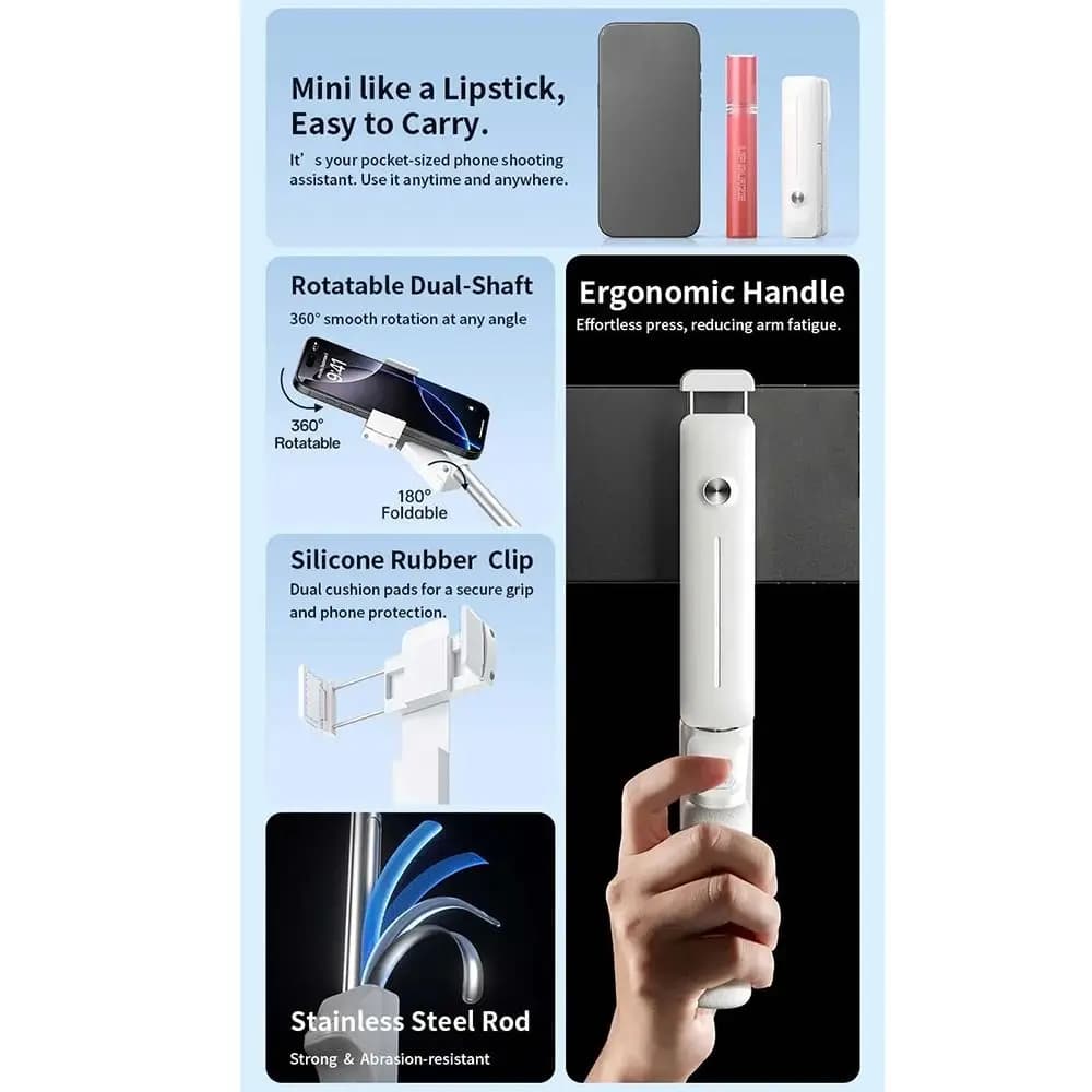 Mini bastone per selfie pieghevole Bluetooth, supporto per telefono portatile leggero e anti-vibrazione, impugnatura comoda, lunghezza regolabile