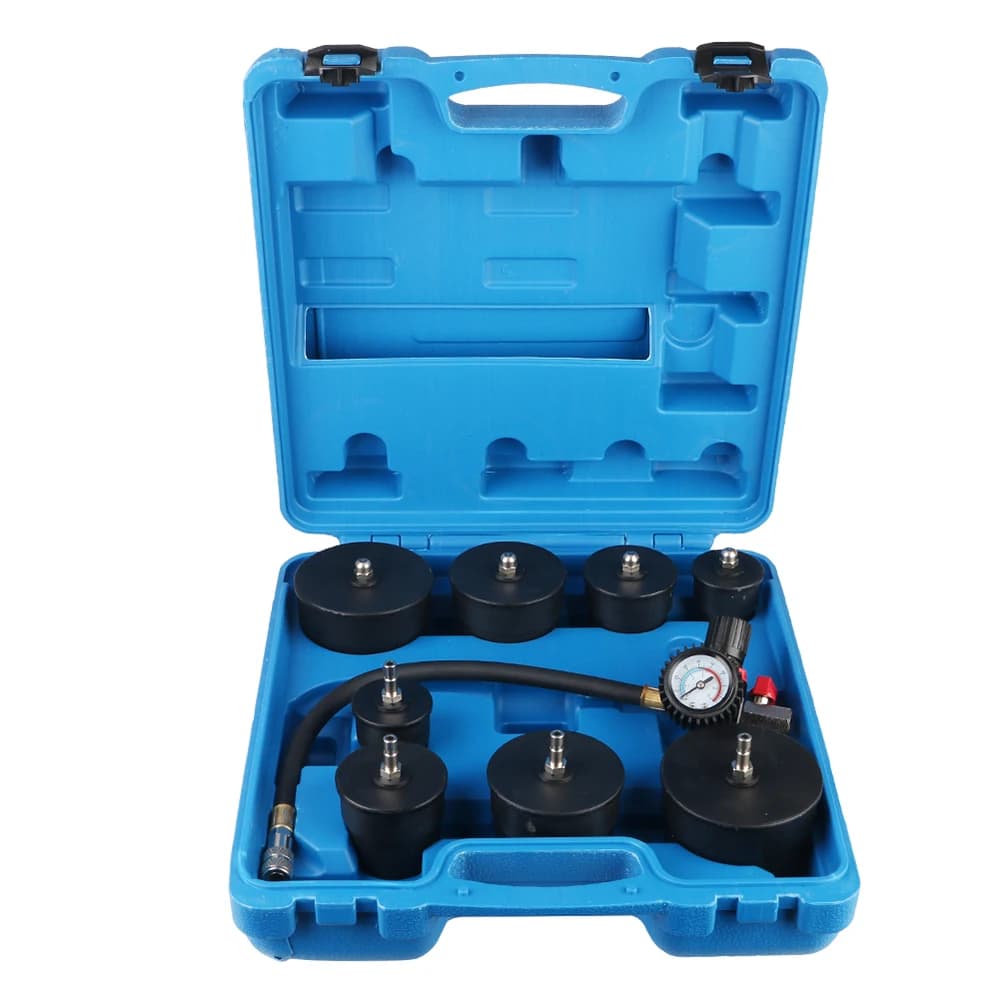 Kit di Riparazione Auto: Tester per Perdite del Sistema Turbocompressore con Adattatori da 1-3/8'' (35mm) a 3-1/2'' (90mm) e Manometro, Set da 9 Pezzi, 90psi/6bar