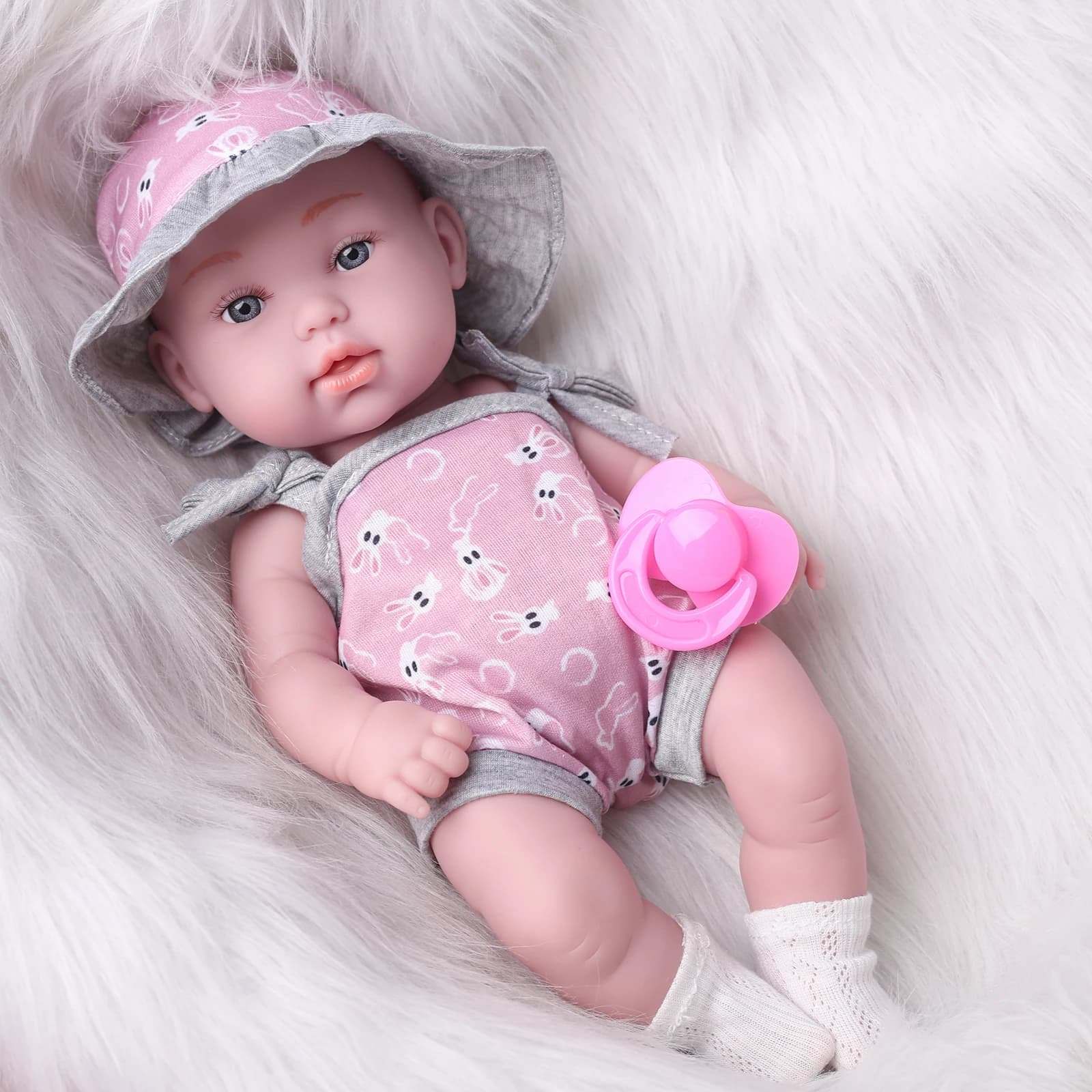 Bambola Reborn da 32 cm, giocattolo interattivo per bambini da 12,6 pollici, per 3+ cappello da sole rosa con ciuccio finto, regalo di compleanno realistico per ragazze