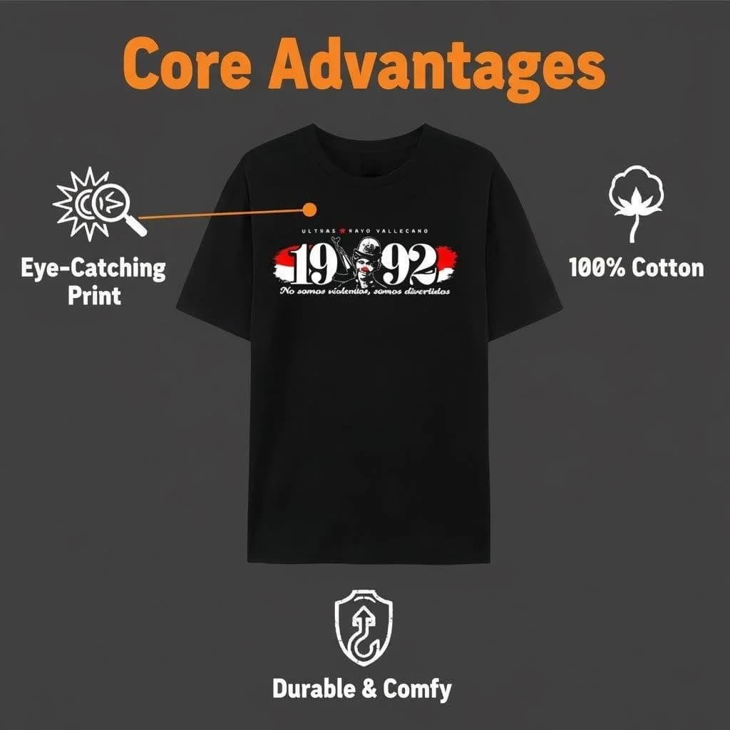 Rayo Vallecano Bukaneros T-Shirt 1992 Ultras Print Casual Cotton Short Sleeve Tee for Men Women
