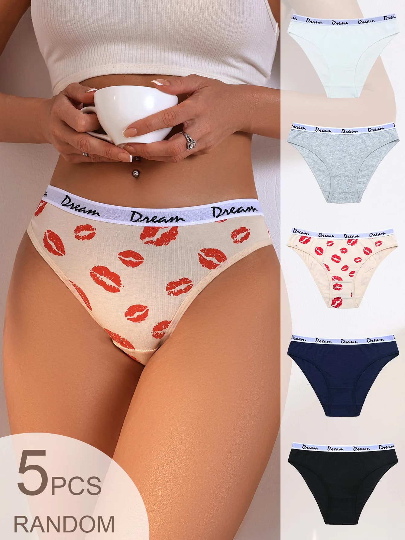 5-pack random color Dream letter waist red lip printed underwear for women, delicate knitted cotton substrate