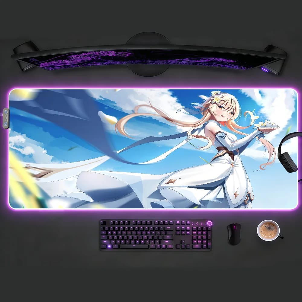 Tappetino per mouse Genshin Impact Lumine RGB LED, tappetino da scrivania antiscivolo, accessori da gioco in gomma, tappetino grande XXL per tastiera da ufficio e computer
