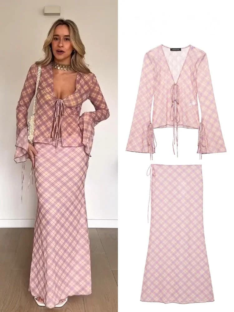 HH Gonna da donna Abito elegante in pizzo scozzese con scollo a V Decora camicia a maniche lunghe Top + Moda Pull Rope Slim Gonna lunga casual Mujer