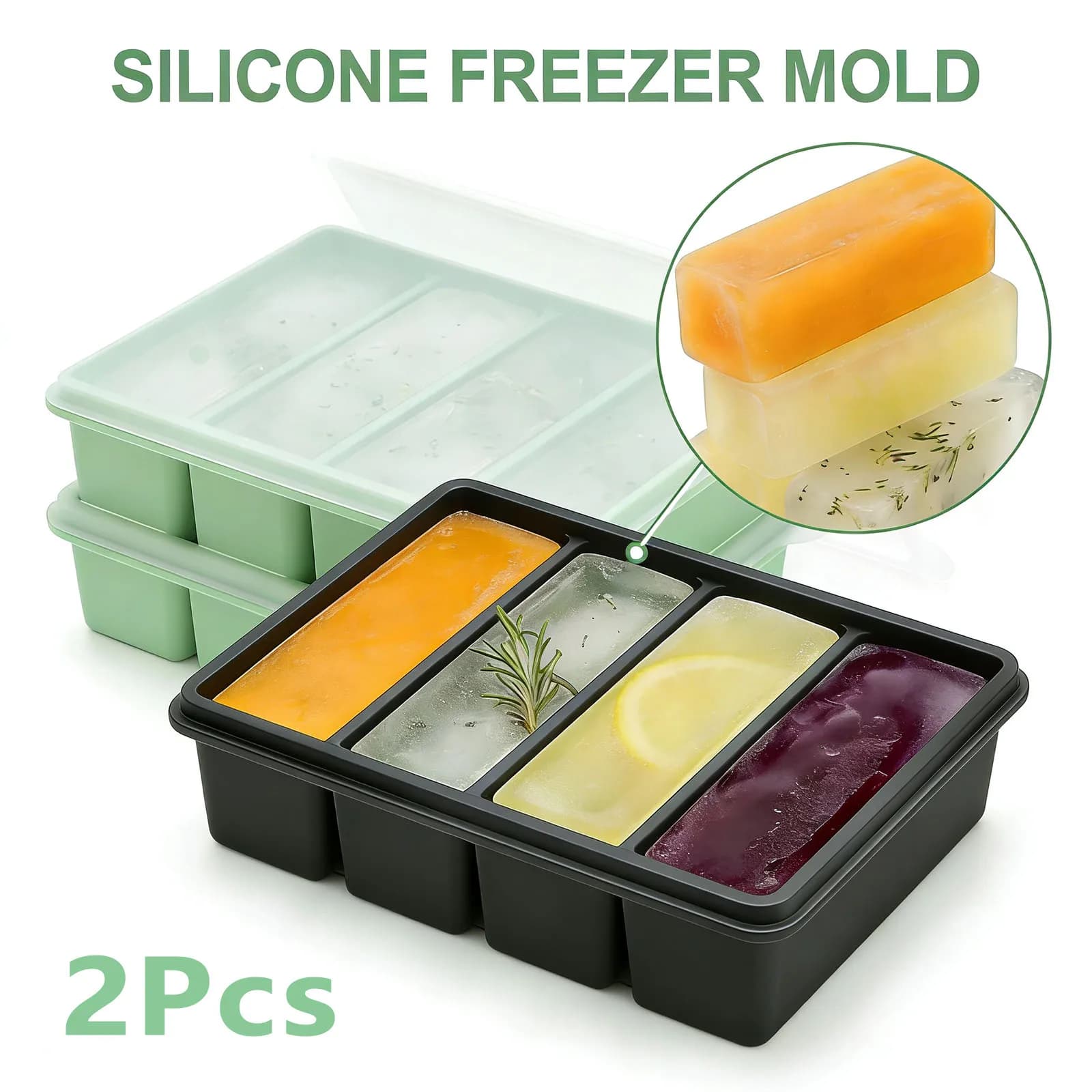 Set di 2 Stampi Rettangolari per Cubetti di Ghiaccio con Coperchio, Vassoi Impilabili per Congelatore per Congelare e Conservare Bevande, Zuppe, Salse, Brodi, Articoli da Cucina