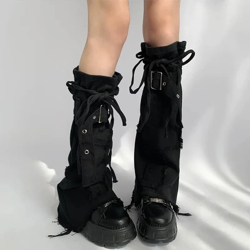 Y2K Punk Denim Leg Warmers for Women Men Distressed Patchwork Over Knee Socks with Adjustable Drawstring Metal Buckle Thigh Sock
