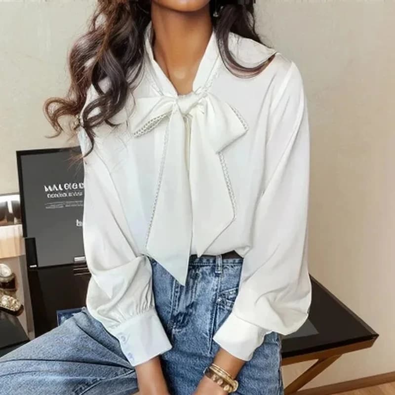 Women's Long Sleeve Chiffon Blouse with Bow Shirt Loose Tops Office Lady Elegant Clothes Fashion Spring Autumn 10691