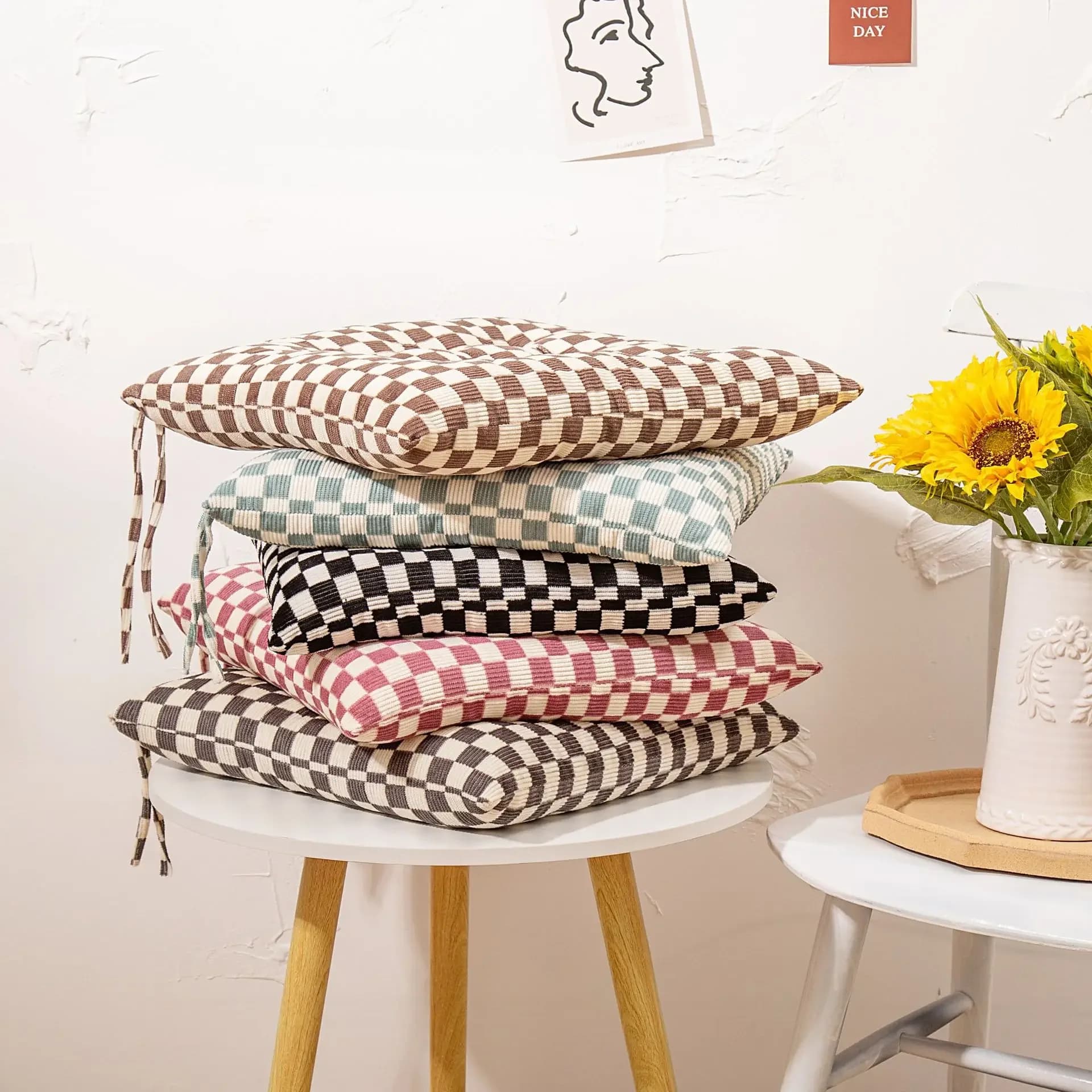 Sedia da pranzo stile cinghia spessa autunno e inverno Cuscino scoreggia Modello a scacchiera Cuscino in velluto a coste Decorazione semplice del cuscino per la casa