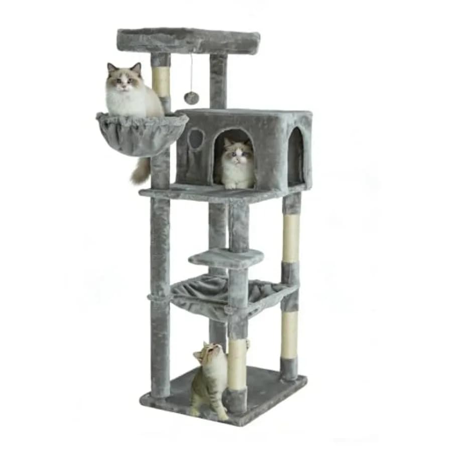 Albero per Gatti Multilivello da 56,2 Pollici con Tiragraffi in Sisal, Cuccia Morbida e Area Giochi Interna in Grigio per Gatti