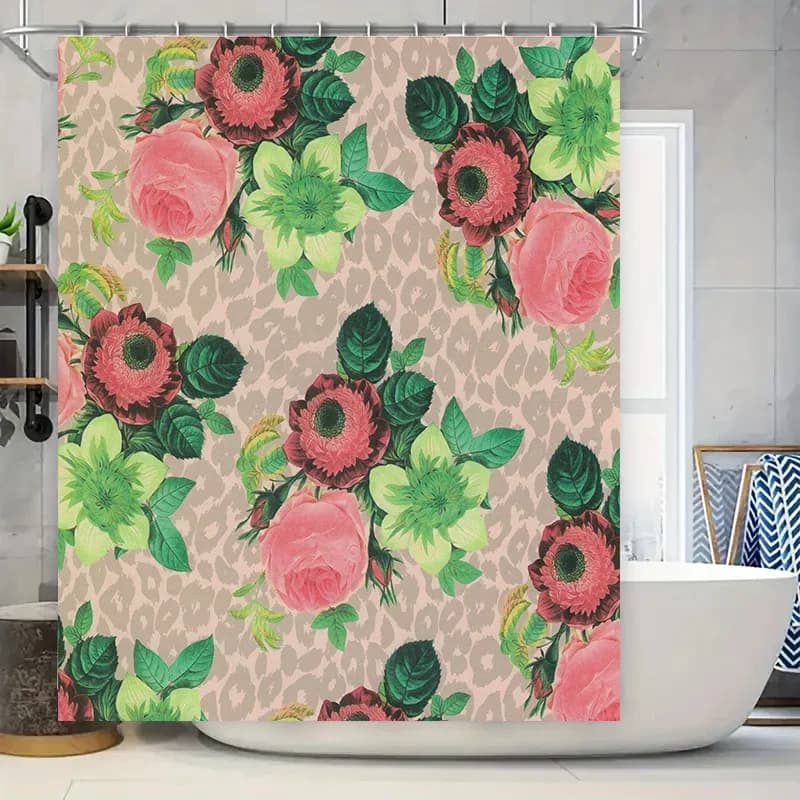 Tenda da doccia per bagno con motivo floreale, design rosa rosa, sfondo con stampa leopardata, accessori per la decorazione della casa per il bagno
