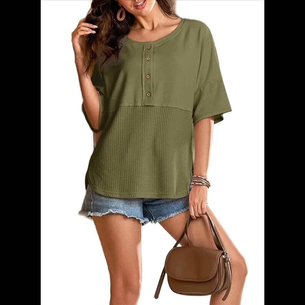 Top da donna in maglia waffle 2025 Camicette patchwork oversize con maniche girocollo alla moda verde M