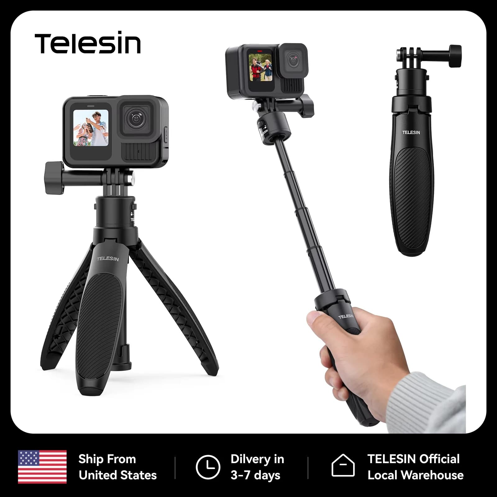 TELESIN Asta Selfie con Treppiede a Sgancio Rapido, Impugnatura Portatile per Vlog, Monopiede per GoPro Insta360 DJI Osmo Action Nano