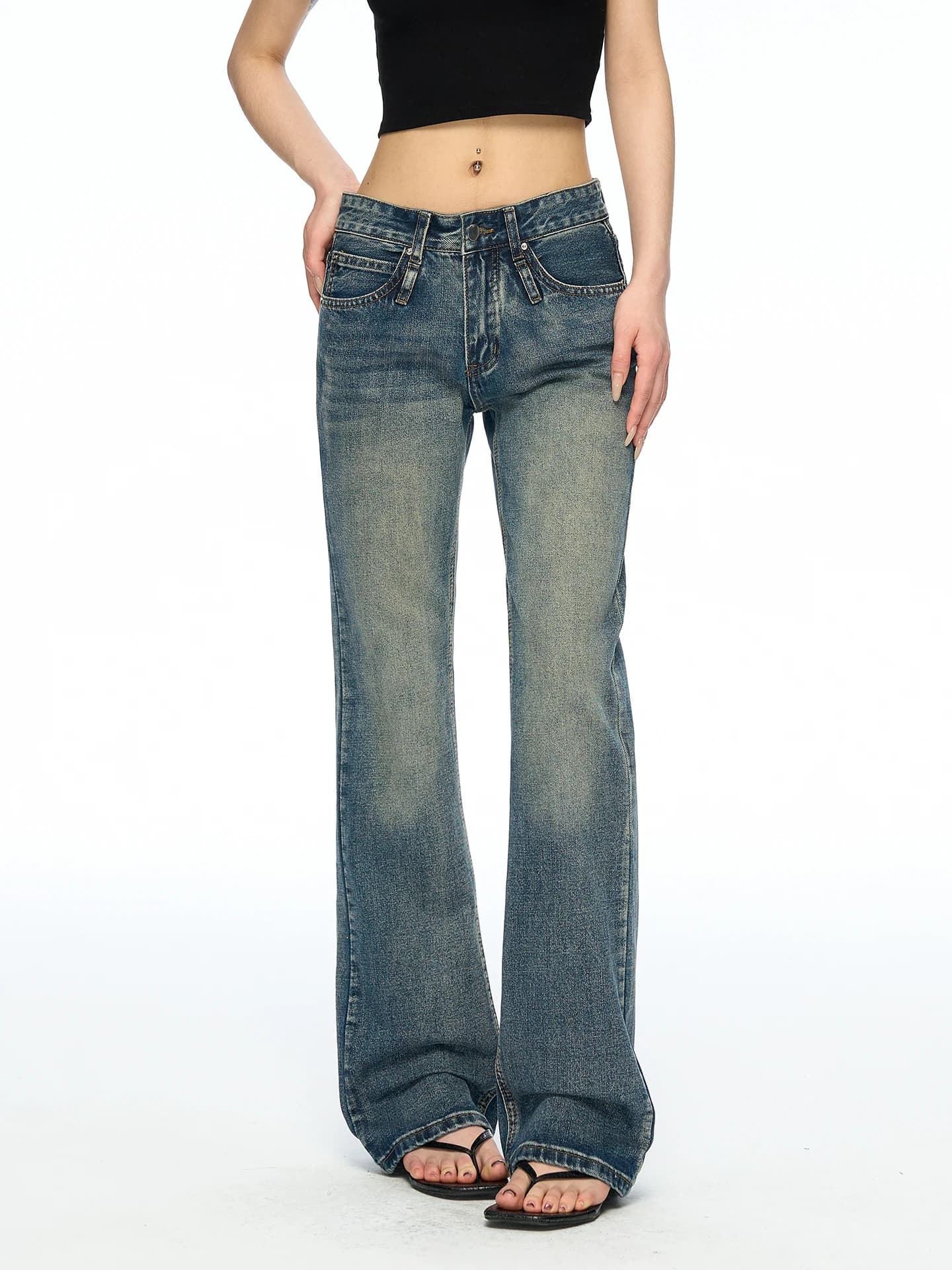 Aaisup American Retro Washed Bell Bottom Jeans Women Summer Design Worn Look Slimming Versatile Wide Leg Pants