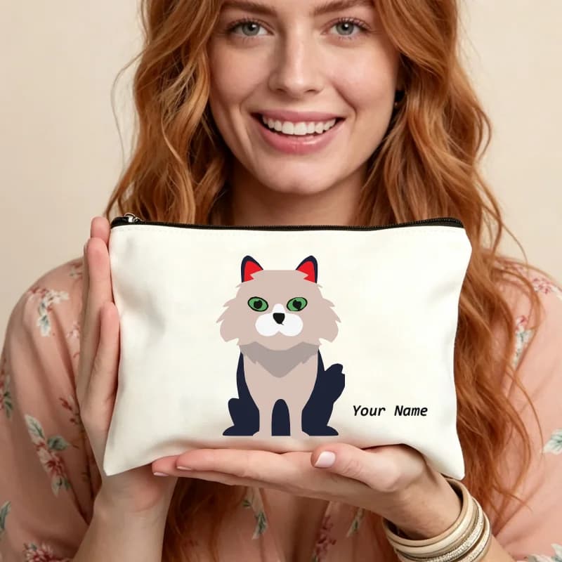 Fluffy Cat Canvas Makeup Bag Cartoon Kitten Zipper Cosmetic Pouch Portable Travel Toiletry Organizer Storage Purse for Women