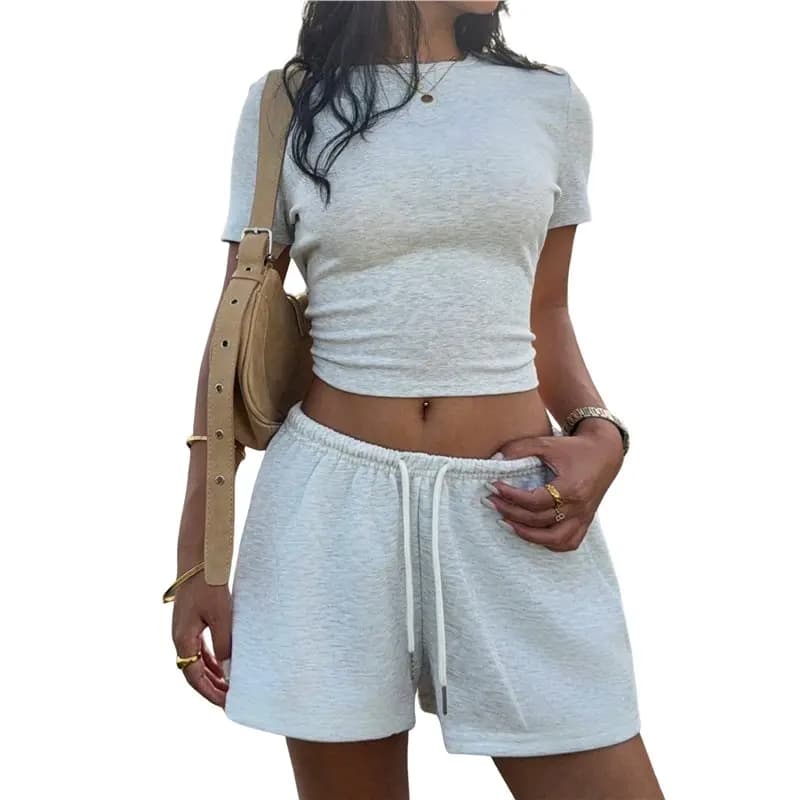 CYL-Women's Two Piece Sets Short Sleeve Crop Top And Drawstring Shorts Tracksuits Matching Set