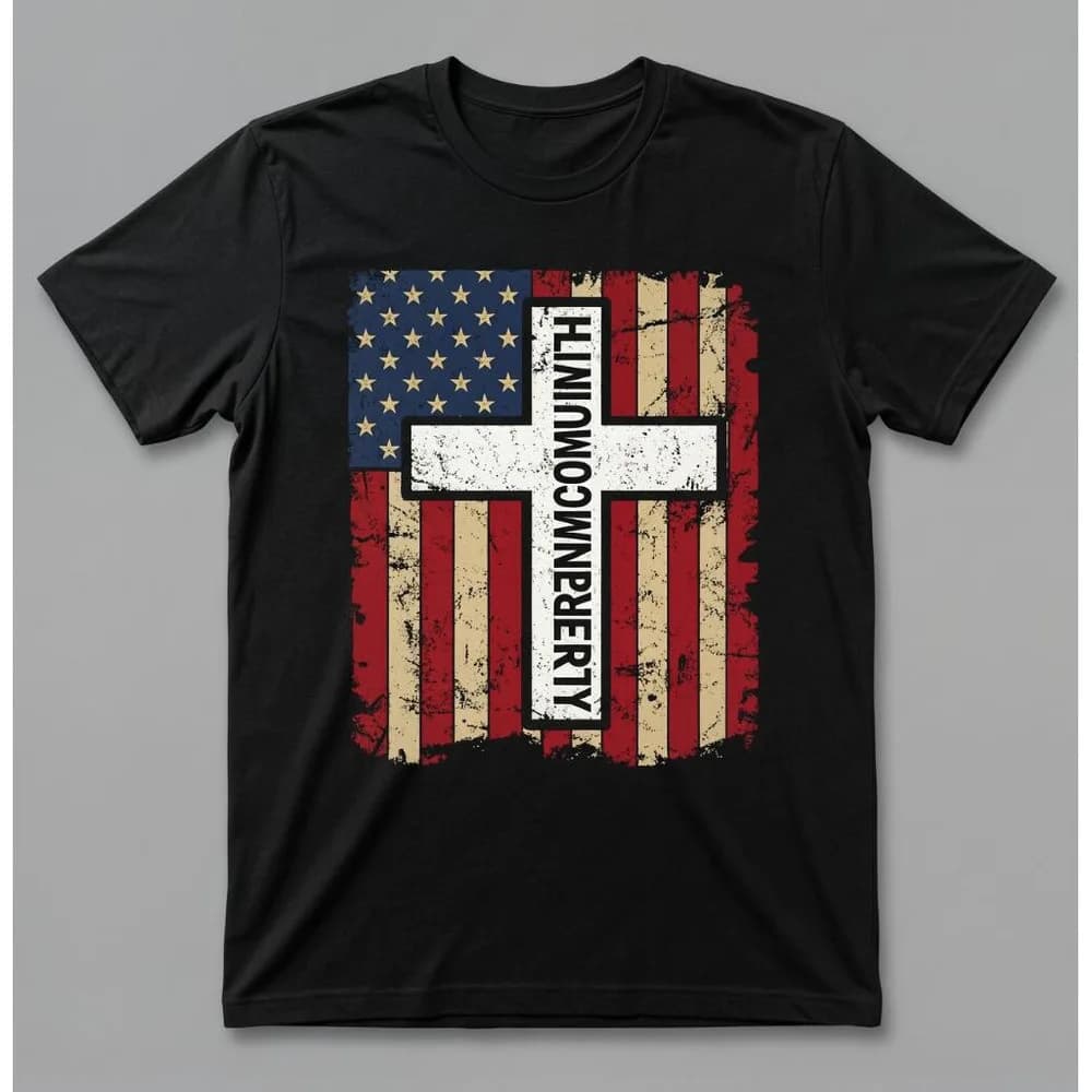 Vintage Distressed USA Flag Cross Independence Property Vertical Text Graphic T Shirt Patriotic Christian Black Cotton Short Sleeve Tee