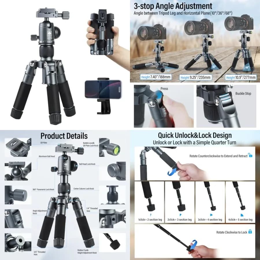 Mini treppiede compatto da tavolo, treppiede portatile in alluminio da 20 cm con testa a sfera a 360° per DSLR, fotocamera, telefono, tablet