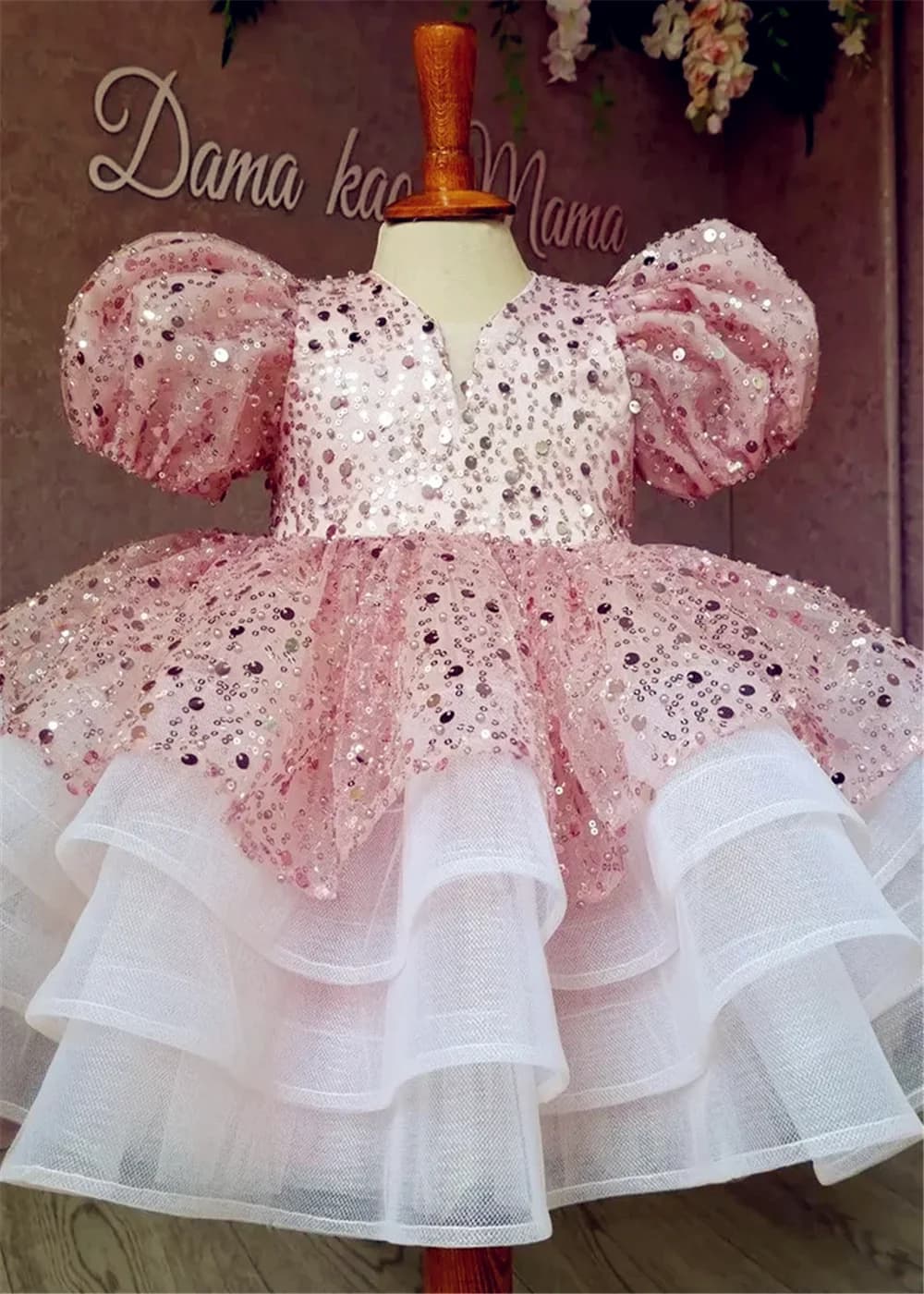 Lussuoso fiore rosa ragazze vestono applique filato di paillettes tulle soffici abiti da festa di nozze a strati abiti da sera di compleanno per bambini