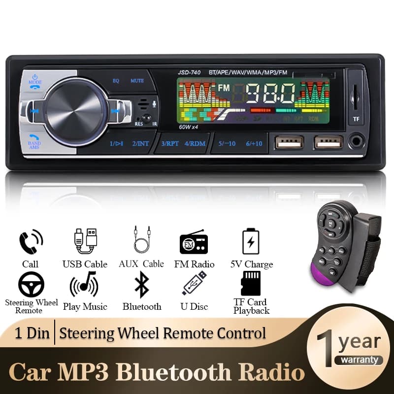 SINOVCLE Autoradio 1din Audio Bluetooth Stereo Lettore MP3 Ricevitore FM 60Wx4 Con Telecomando AUX/USB/TF Card In Dash Kit