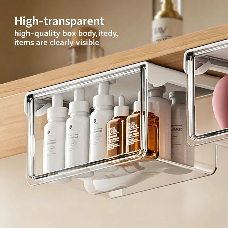 Organizzatore a cassetto sottopensile con specchio, mensola trasparente da bagno per cosmetici, rossetti, bastoncini di cotone e dischetti struccanti