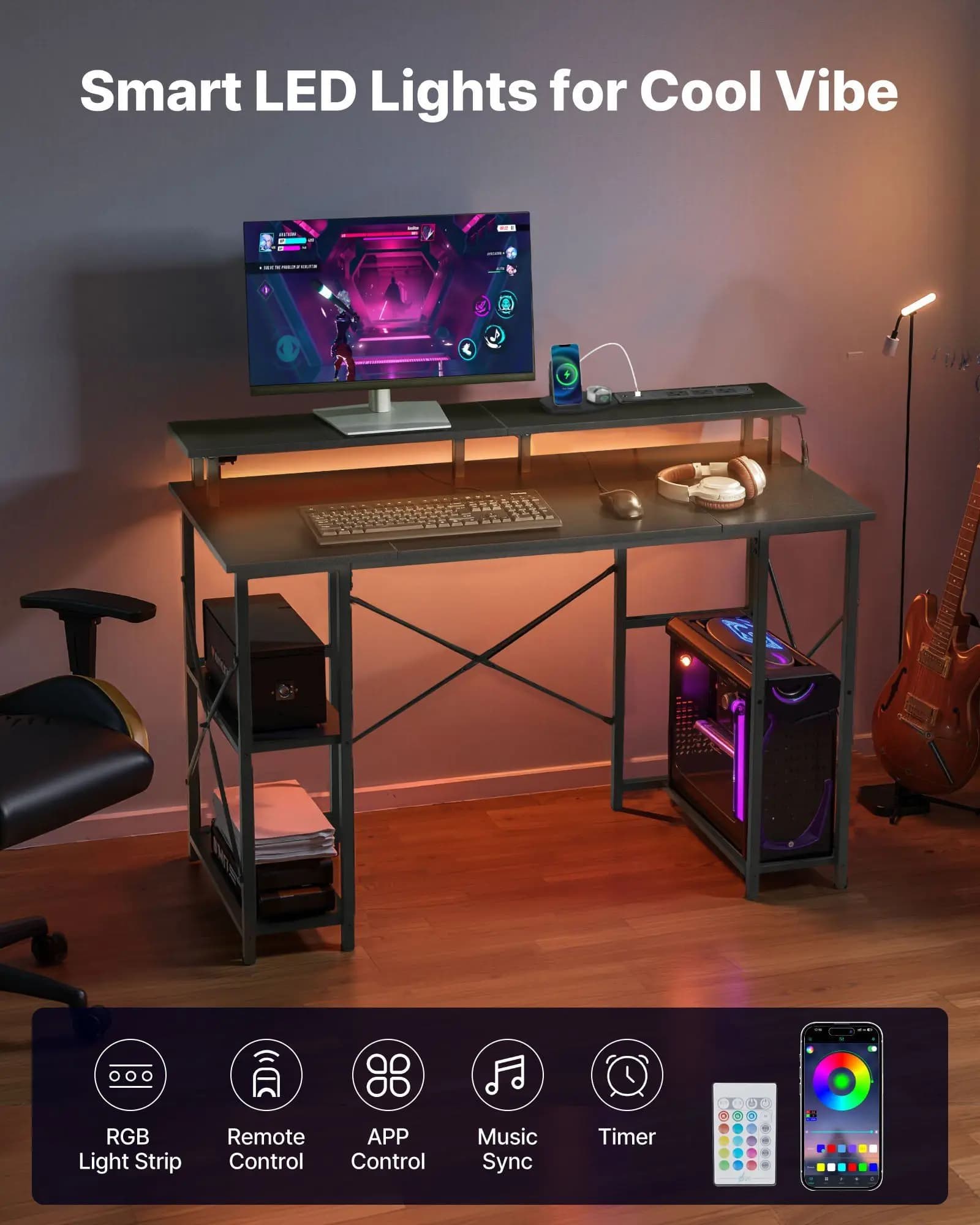 Gaming desk 47 Inches with LED lights and current sockets, Computer desk with Monitor and 2 Level shelves, Ideal for Studio and Home Work
