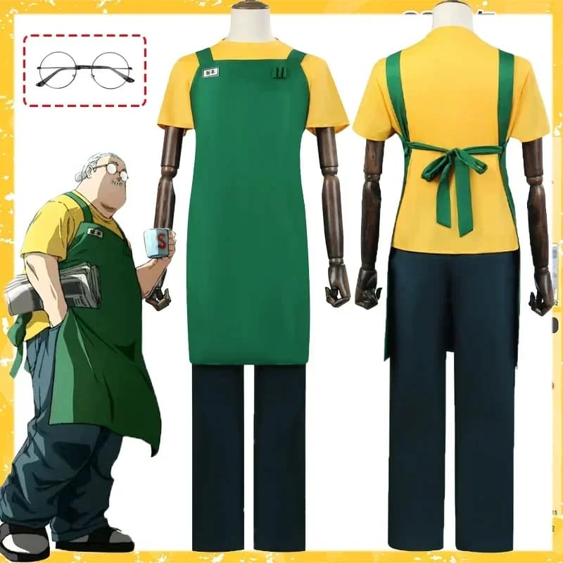 ABC123CosplaySakamoto Taro Cosplay Costume Anime Sakamoto Days Yellow T-shirt Green Apron Glasses Pants Halloween Part3'd,5;h.9/