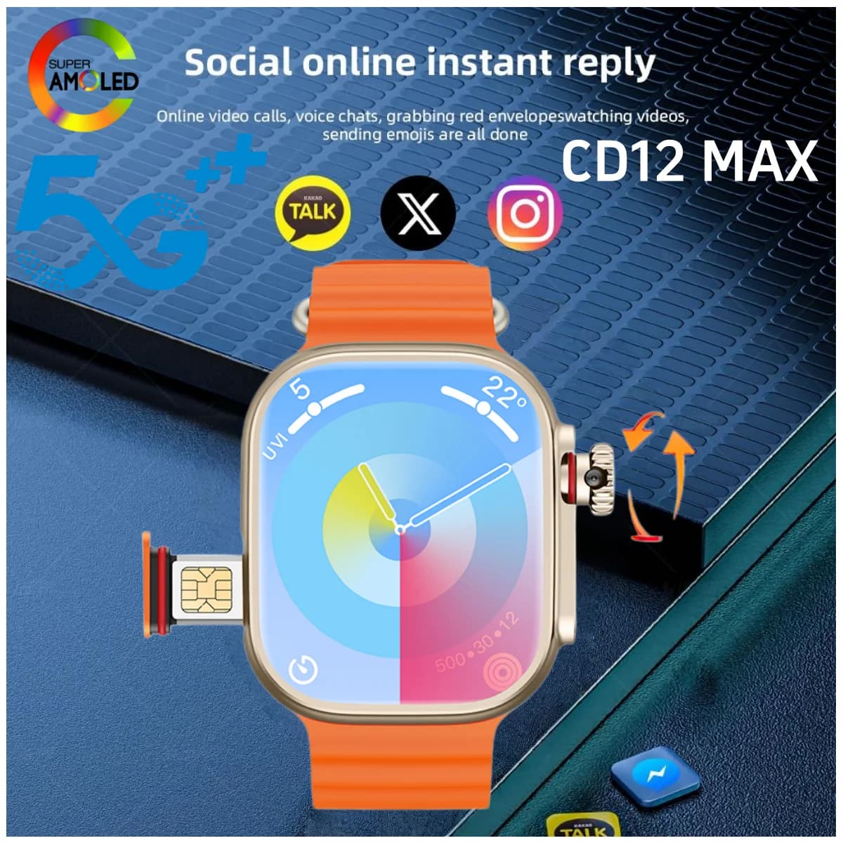 Smartwatch CD12 MAX 5G LTE Android 15.0 con Display AMOLED da 2.39'', Fotocamera Estraibile da 900W, Slot per SIM, GPS e WIFI