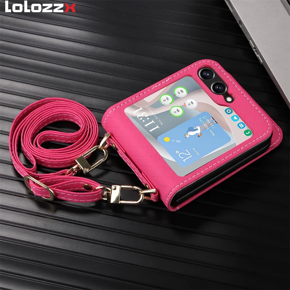 Custodia per telefono con tracolla in pelle di lusso per Samsung Galaxy Z Flip 3 Z Flip 4 Z Flip 5 Borsa a portafoglio per carte Cordino Custodia antiurto