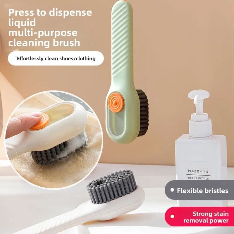 Spazzola multifunzionale per lavare le scarpe con aggiunta di liquido, strumento per la pulizia a setole morbide per erogazione di liquidi a pressa