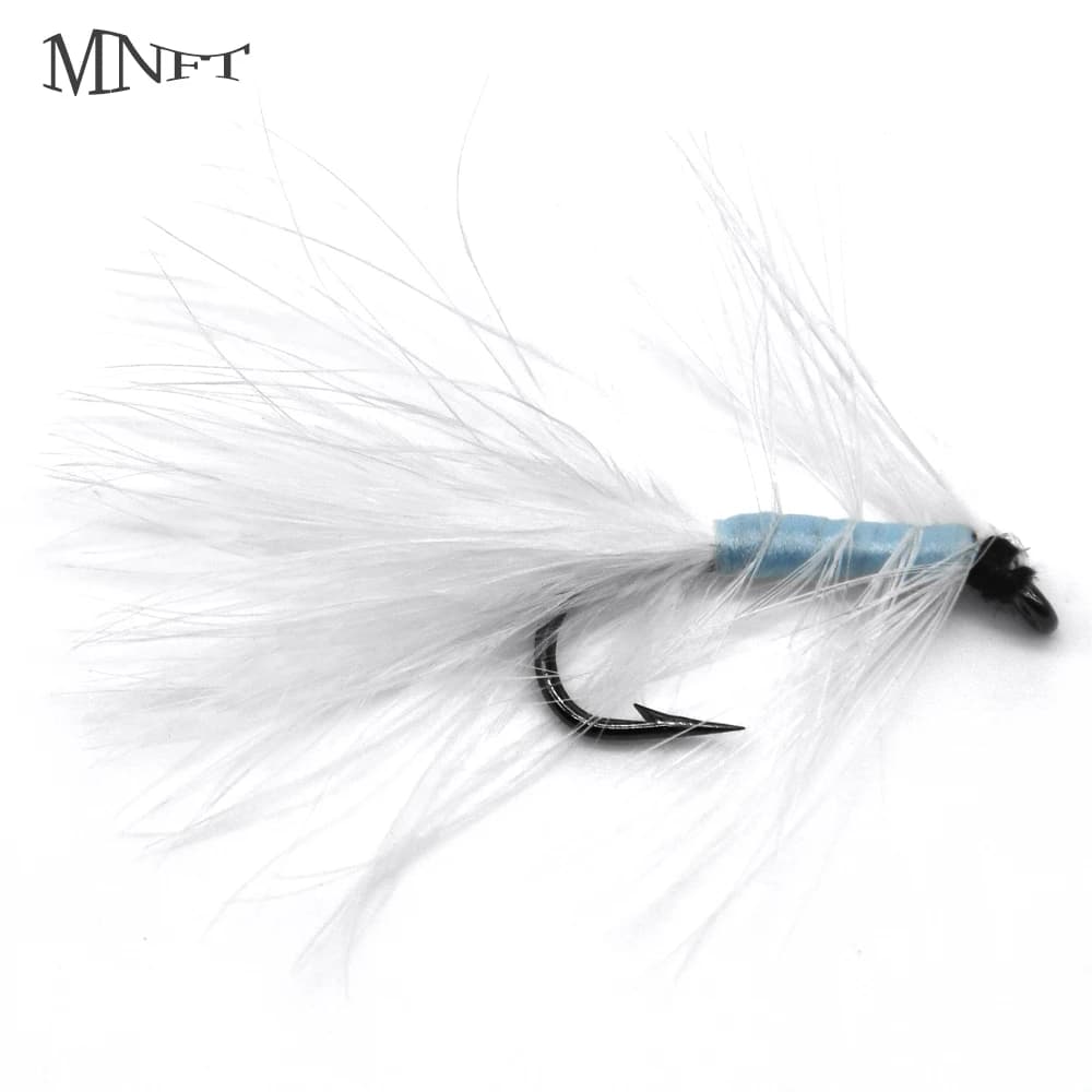 MNFT 10 pezzi o 6 pezzi piuma bianca naturale blu corpo esca per insetti esche per trote mosche per la pesca a mosca amo secco 6 # due opzioni di imballaggio