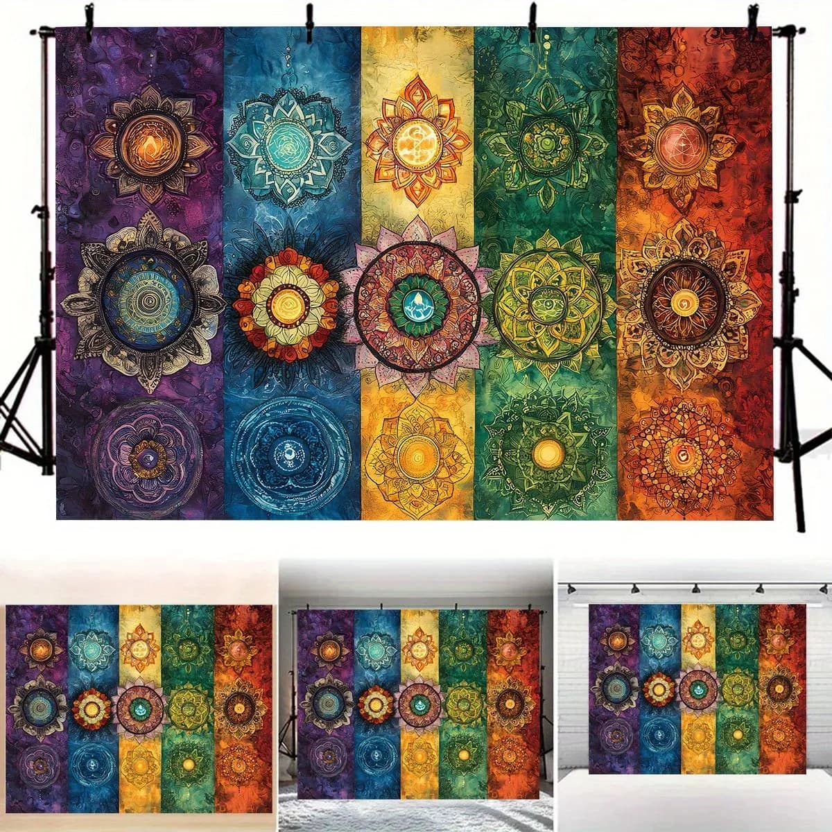 Arazzo Chakramandala Bohemien con Sette Chakra, Decorazione Floreale da Parete, Tappeto Yoga Psichedelico Spirituale per Camera da Letto e Soggiorno