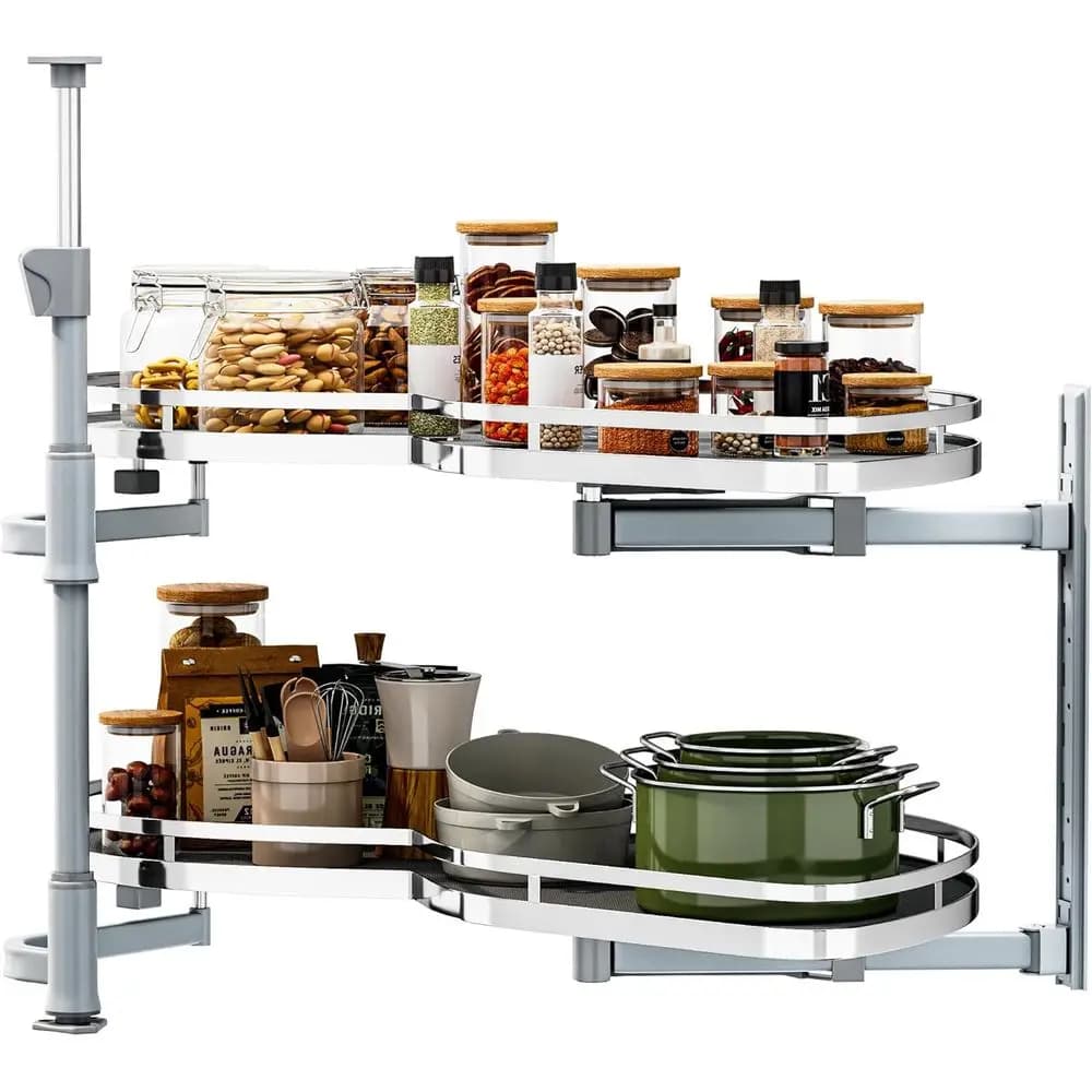 Organizzatore Estraibile a 2 Livelli per Armadio con Rotazione a 270° ° Mensola Girevole, Apertura a Destra, Ferro Resistente, Facile Installazione, Grigio