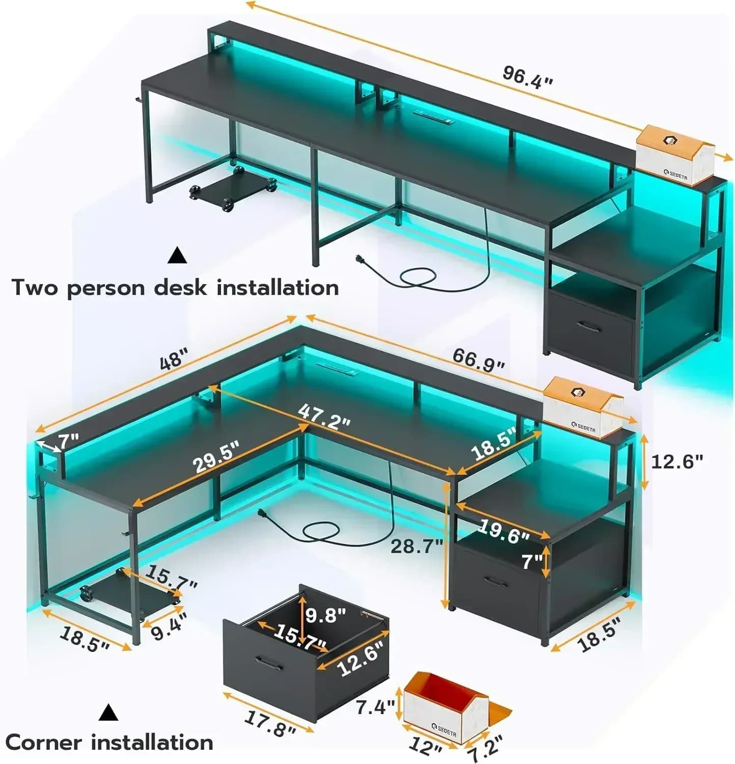 Scrivania da Gaming a L di Tendenza, Scrivania da Ufficio da 168 cm con Cassetto Portadocumenti e Presa di Corrente, Scrivania Angolare per Computer con Luce LED