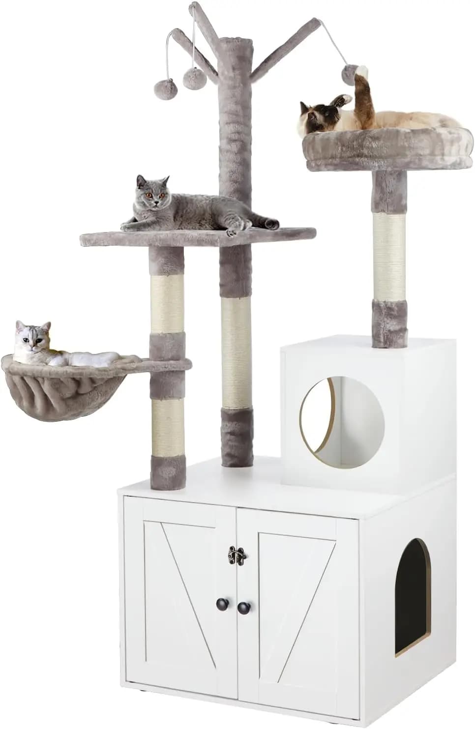 Litter Box Enclosure with Cat Tree, 2-in-1 Hidden Litter Box Furniture with Scratching Post, Modern Cat Condo, White
