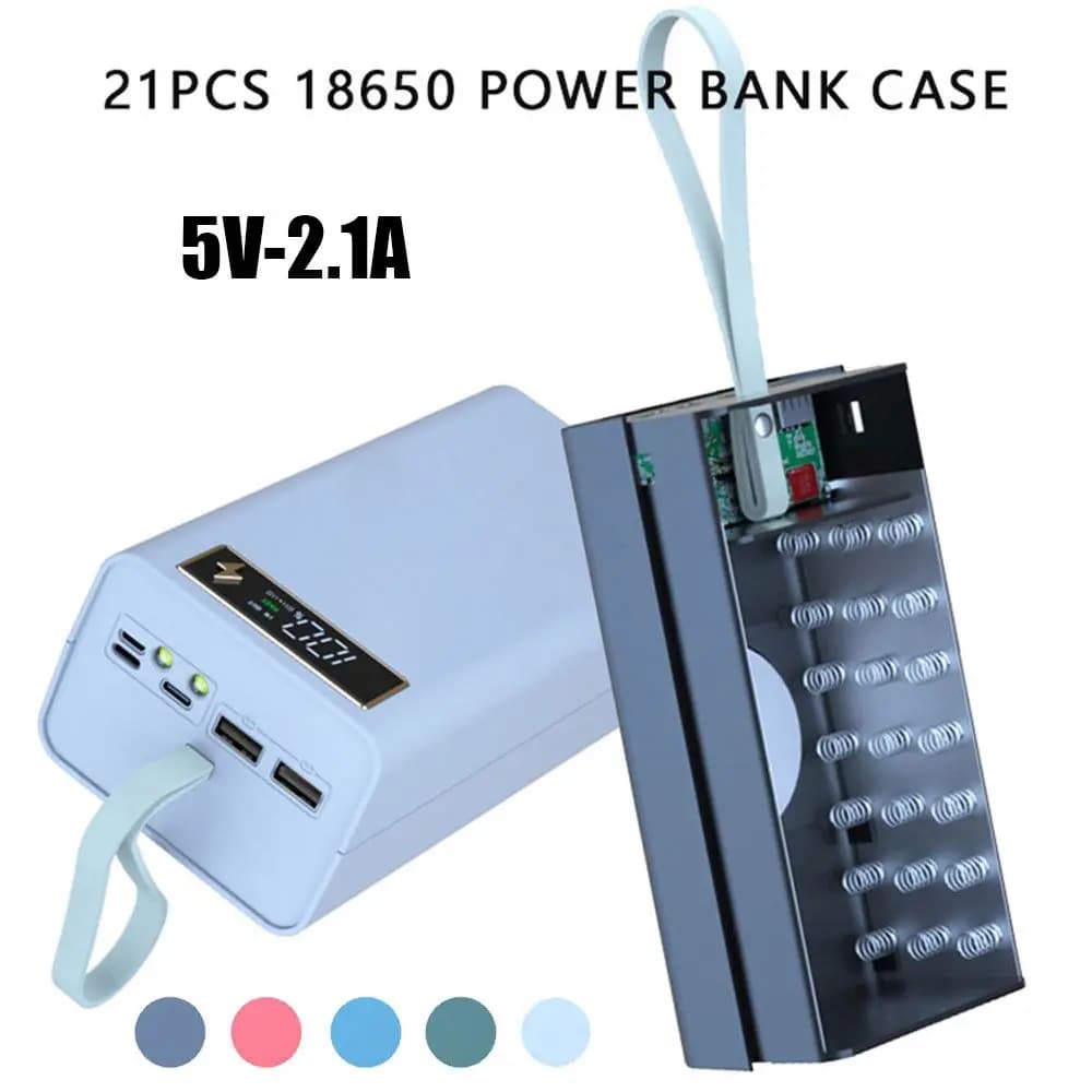 Display LCD senza saldature, doppia porta USB, custodia per batterie, scatola porta batterie, supporto di ricarica, custodia power bank per 21 batterie 18650