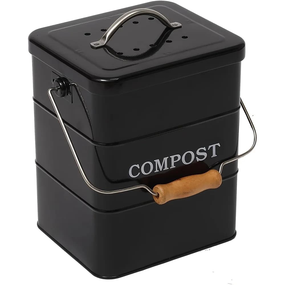 Contenitore per compost da cucina in metallo da 1 gallone con filtro a carbone e manico in legno - Compostiera da banco per interni senza odori per rifiuti alimentari