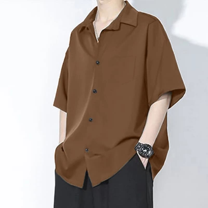 Camicia da uomo estiva in seta di ghiaccio a maniche corte drappeggiata di fascia alta ampia camicia casual in tinta unita per uomo