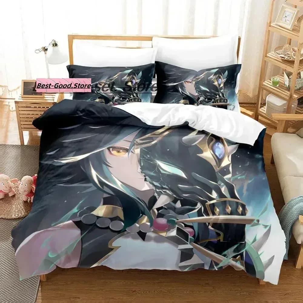 Set di Biancheria da Letto Genshin Impact con Stampa Xiao, Copripiumino, Lenzuolo e Federe, Misure Full, Queen, King per Camera da Letto