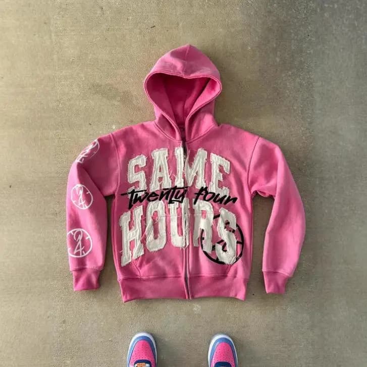 Cross-Border Letter Embroidery Trendy Hoodie Sweatshirt Loose Fit Polyester Fabric Unisex Daily Wear Non-Shrinkage Zipper Design