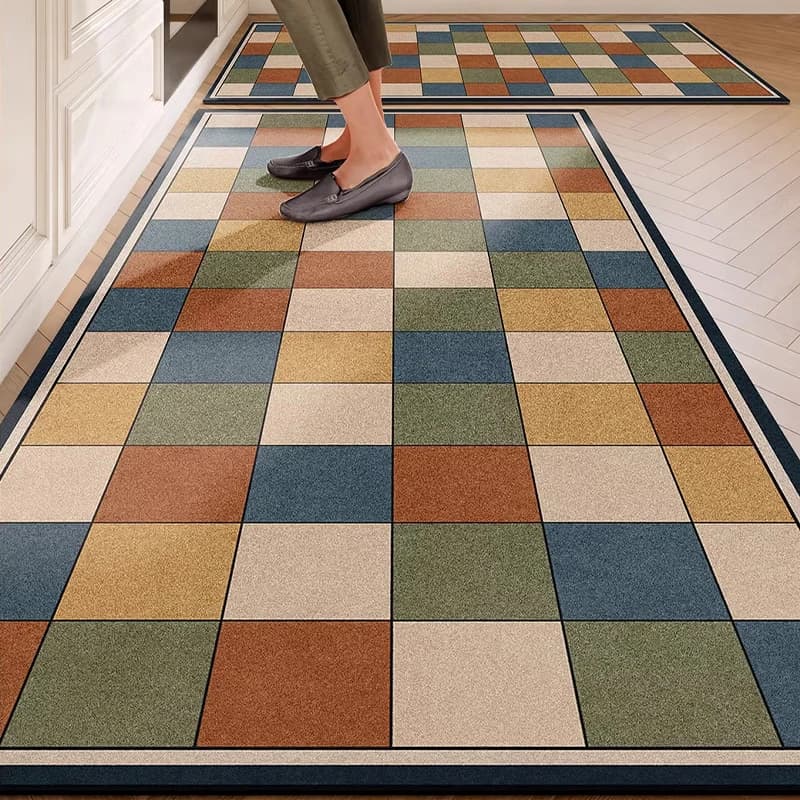 Carpet for Kitchen Waterproof Floor Mat American Retro Geometric Carpets Pvc Leather Foot Mats Long Rug Home Decoration Rugs