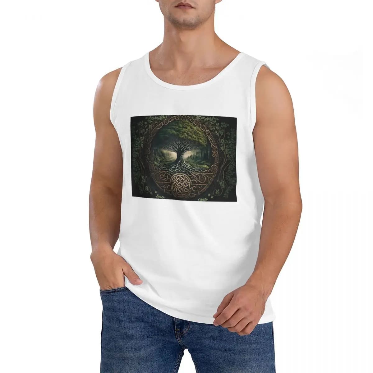 T-shirt senza maniche in cotone 100% Yggdrasil Tree Of Life Celtic, abbigliamento sportivo da uomo, gilet girocollo da uomo