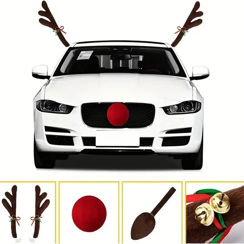 Set di 4 decorazioni natalizie per corna di auto, accessori per auto con corna di cervo, decorazioni per albero per passeggini natalizi per vari modelli di veicoli, R