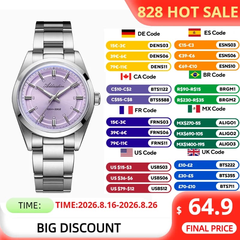 ADDIESDIVE Women's Watch Top Brand 100m Waterproof VH31 Quartz Wristwatch Diving BGW9 Luminous Stainless Steel Dress Watch 36mm